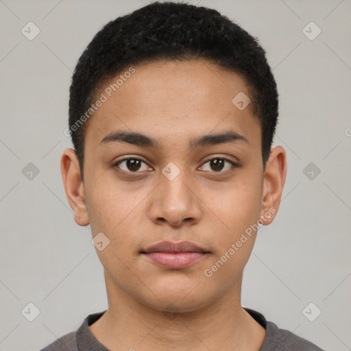 Neutral latino young-adult male with short  black hair and brown eyes