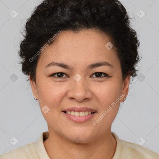 Joyful latino young-adult female with short  brown hair and brown eyes