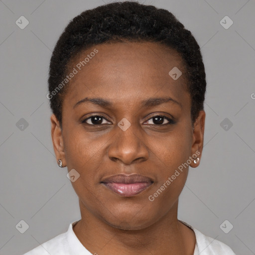 Joyful black young-adult female with short  brown hair and brown eyes