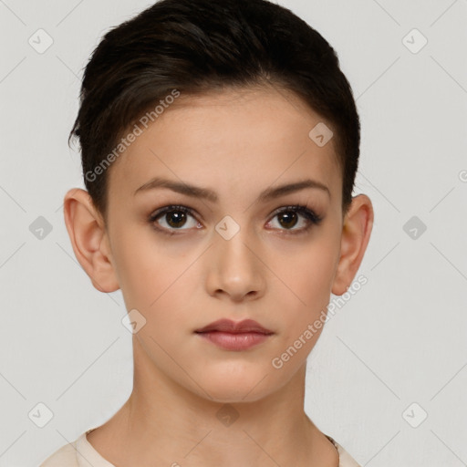 Neutral white young-adult female with short  brown hair and brown eyes