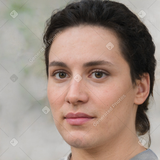 Neutral white young-adult female with medium  brown hair and brown eyes