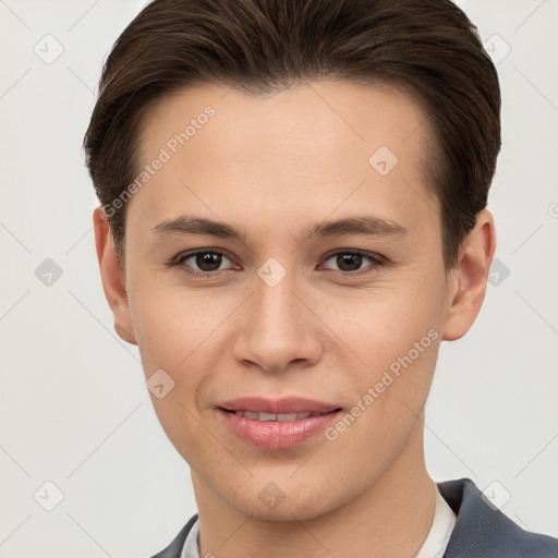 Joyful white young-adult female with short  brown hair and brown eyes