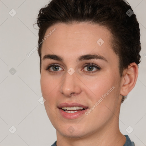 Joyful white young-adult female with short  brown hair and brown eyes