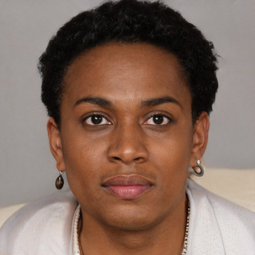 Neutral black young-adult female with short  black hair and brown eyes