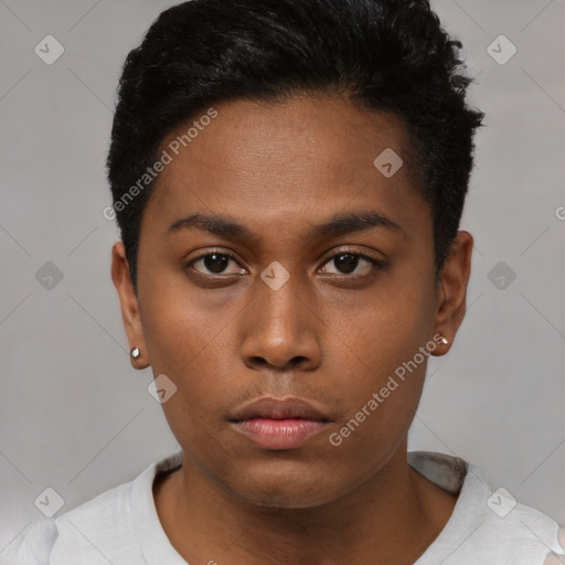 Neutral black young-adult female with short  brown hair and brown eyes