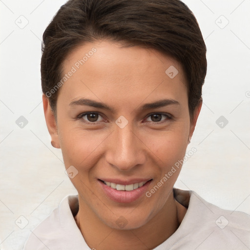 Joyful white young-adult female with short  brown hair and brown eyes