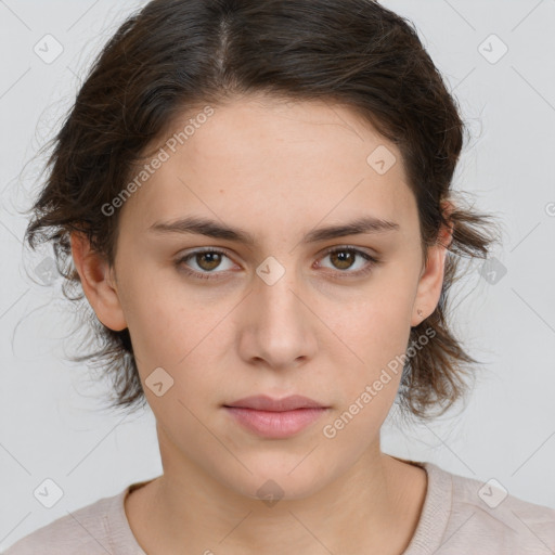 Neutral white young-adult female with medium  brown hair and brown eyes