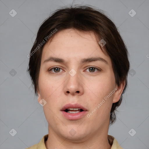 Neutral white young-adult female with medium  brown hair and brown eyes