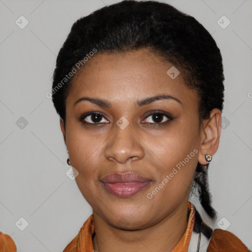Joyful latino young-adult female with short  brown hair and brown eyes