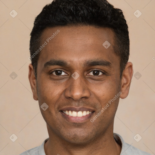 Joyful latino young-adult male with short  black hair and brown eyes