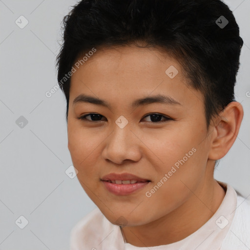 Joyful latino young-adult female with short  brown hair and brown eyes