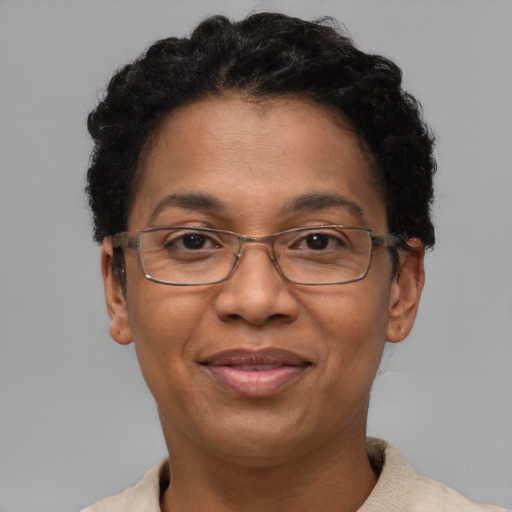 Joyful asian adult female with short  brown hair and brown eyes