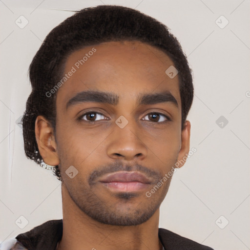 Neutral black young-adult male with short  brown hair and brown eyes