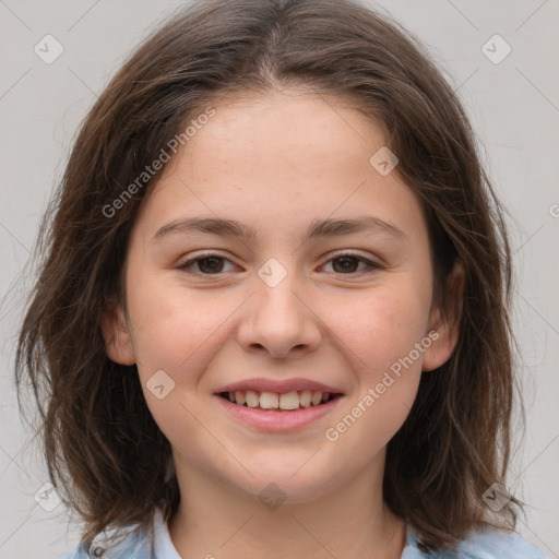 Joyful white child female with medium  brown hair and brown eyes