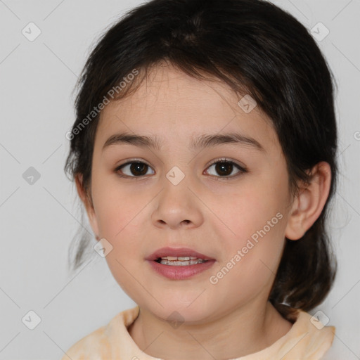 Joyful white child female with medium  brown hair and brown eyes