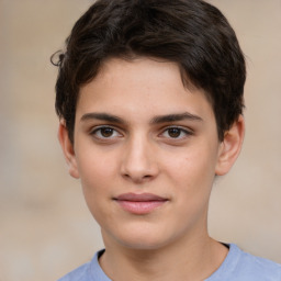 Joyful white child female with short  brown hair and brown eyes