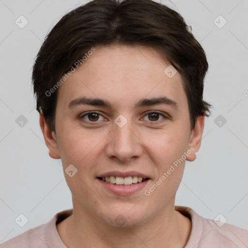 Joyful white young-adult female with short  brown hair and brown eyes