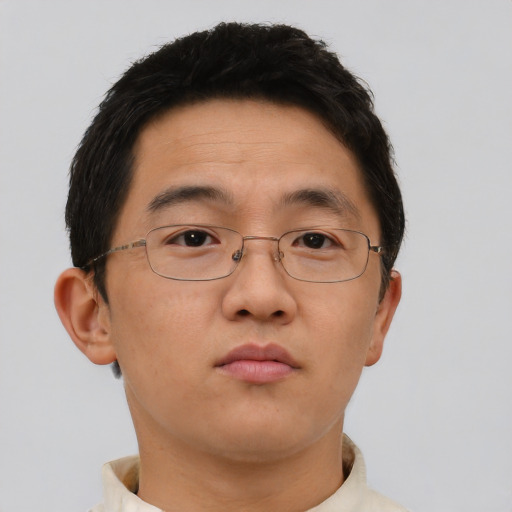 Neutral asian adult male with short  brown hair and brown eyes
