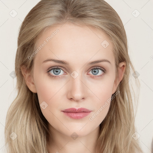 Neutral white young-adult female with long  brown hair and blue eyes