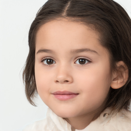 Joyful white child female with medium  brown hair and brown eyes