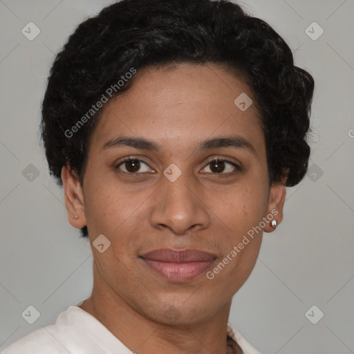 Joyful latino young-adult female with short  brown hair and brown eyes