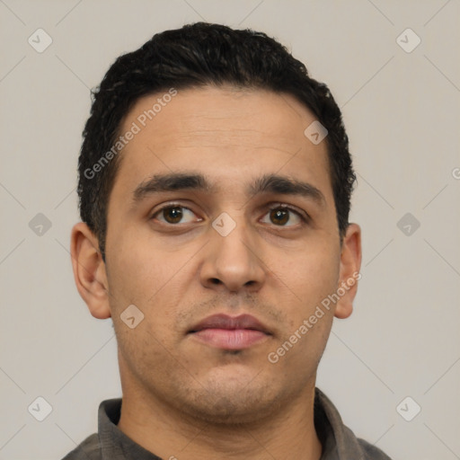 Neutral latino young-adult male with short  black hair and brown eyes