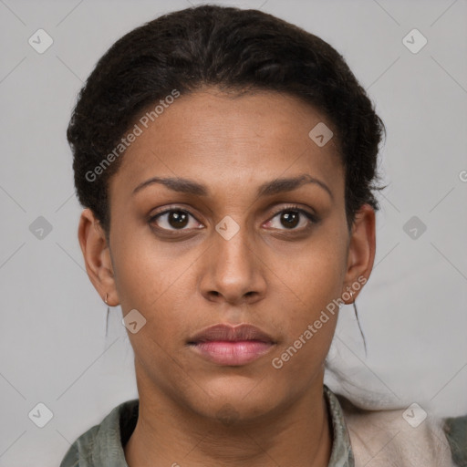 Neutral latino young-adult female with short  brown hair and brown eyes