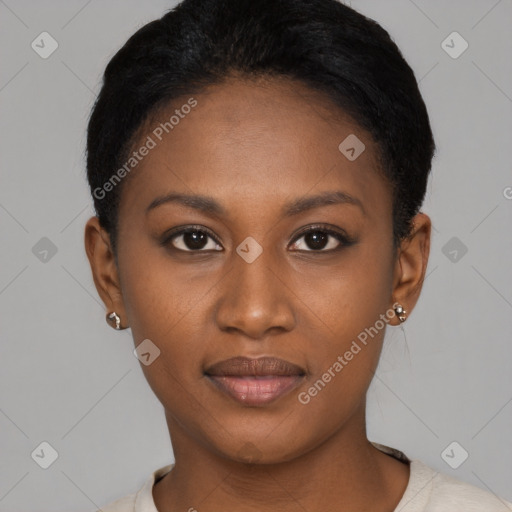 Neutral black young-adult female with short  black hair and brown eyes