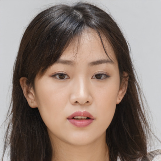 Neutral asian young-adult female with long  brown hair and brown eyes