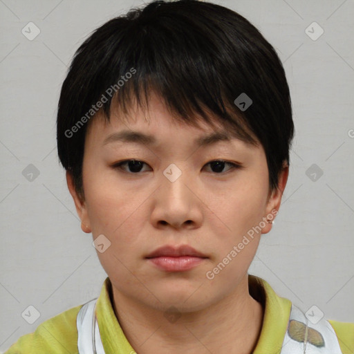 Neutral asian young-adult female with short  brown hair and brown eyes