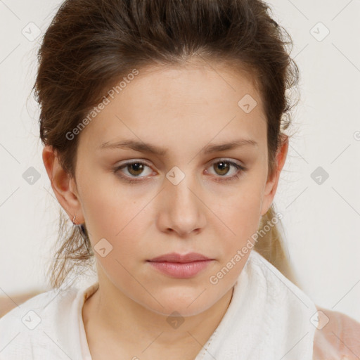 Neutral white young-adult female with short  brown hair and brown eyes