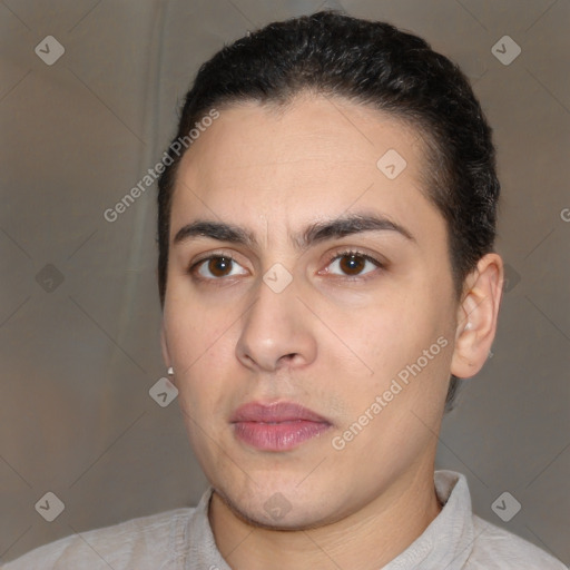 Joyful white young-adult male with short  black hair and brown eyes