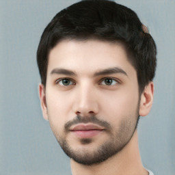 Neutral white young-adult male with short  black hair and brown eyes
