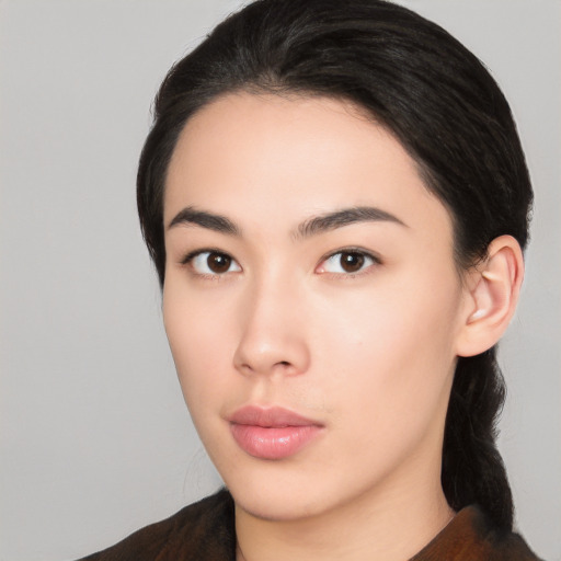 Neutral asian young-adult female with medium  black hair and brown eyes