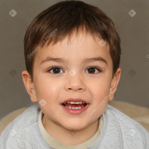 Joyful white child male with short  brown hair and brown eyes