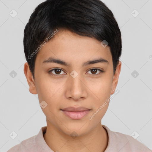 Joyful latino young-adult female with short  brown hair and brown eyes