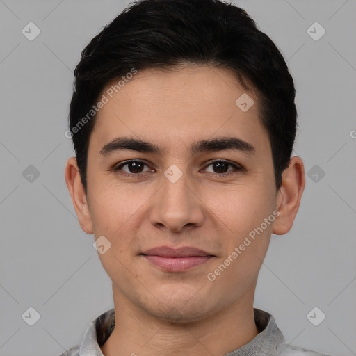 Joyful white young-adult male with short  black hair and brown eyes