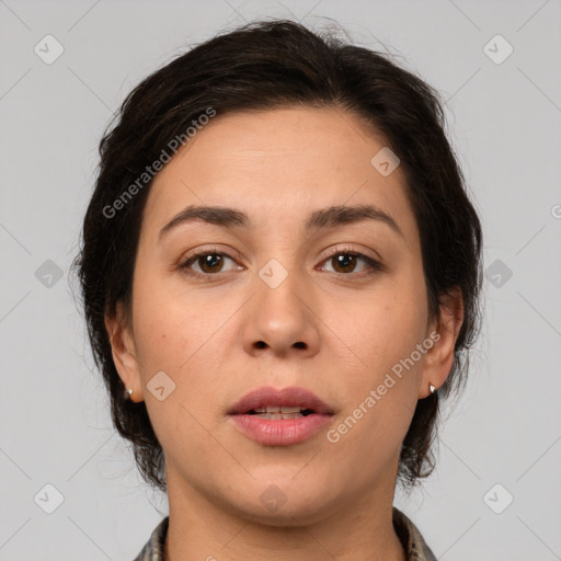 Neutral white young-adult female with medium  brown hair and brown eyes