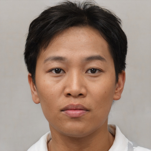 Neutral asian young-adult female with short  brown hair and brown eyes
