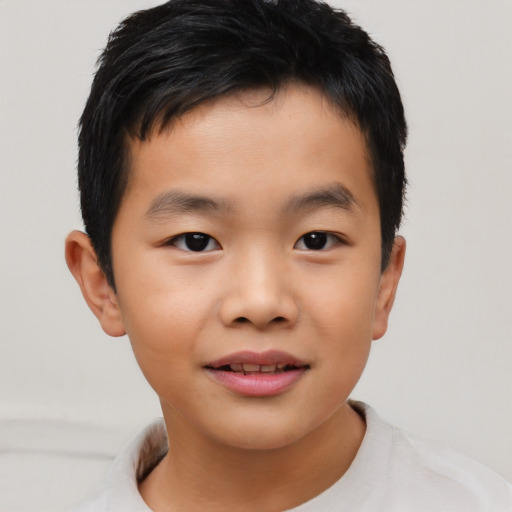 Joyful asian child male with short  brown hair and brown eyes