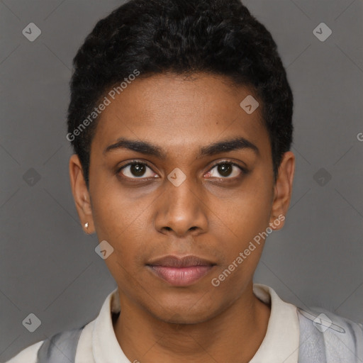 Neutral black young-adult male with short  black hair and brown eyes