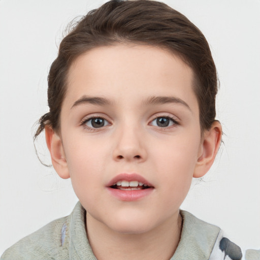 Neutral white child female with short  brown hair and grey eyes