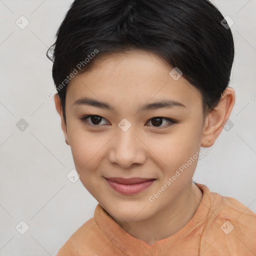 Joyful asian young-adult female with short  brown hair and brown eyes
