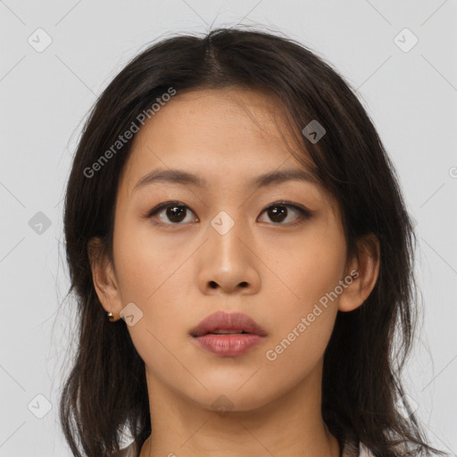 Neutral asian young-adult female with long  brown hair and brown eyes