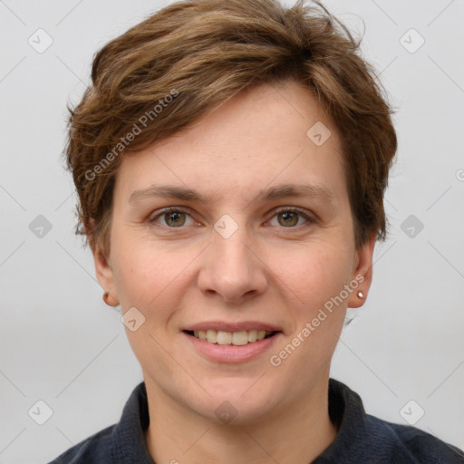 Joyful white young-adult female with short  brown hair and grey eyes