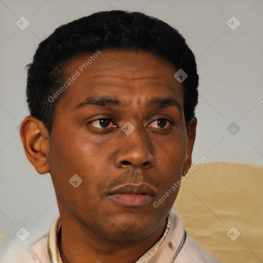 Neutral black young-adult male with short  black hair and brown eyes