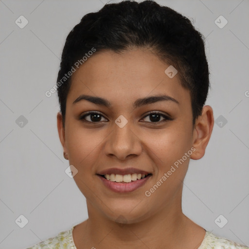 Joyful latino young-adult female with short  brown hair and brown eyes