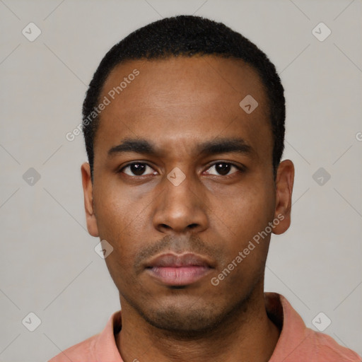 Neutral latino young-adult male with short  black hair and brown eyes