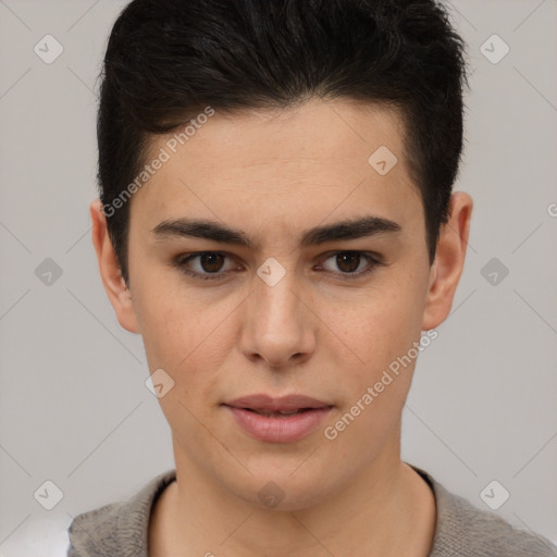 Joyful latino young-adult female with short  brown hair and brown eyes