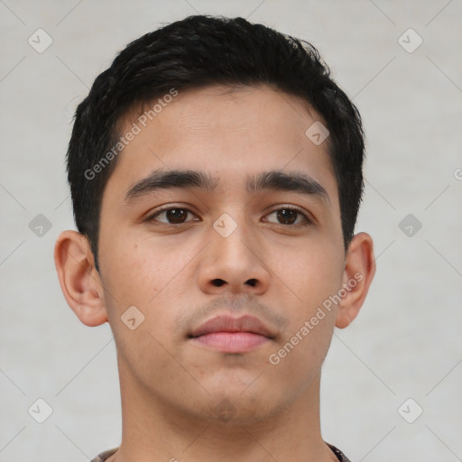 Neutral asian young-adult male with short  black hair and brown eyes